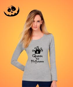 Maglietta donna maniche lunghe con corona e scritta queen of halloween