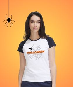Maglietta donna a maniche corte con ragnatela e scritta halloween