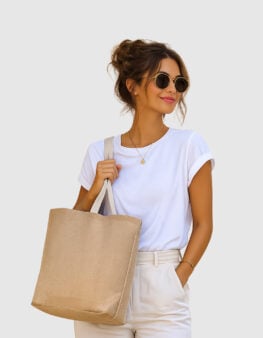 Borsa in juta con manici lunghi e soffietto